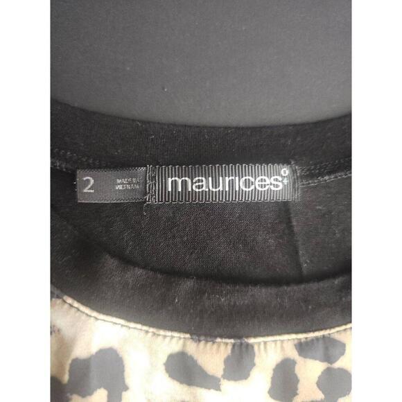 Maurices Brown Black Sheer Sleeve Lace Detail Leopard Crew Blouse Size 2 - Picture 5 of 7